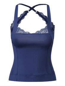 Women Halter Neck Tank Tops Sleeveless Lace Patchwork Summer Slim Fit Cropped Going Out Vest - Navy Blue - View 1