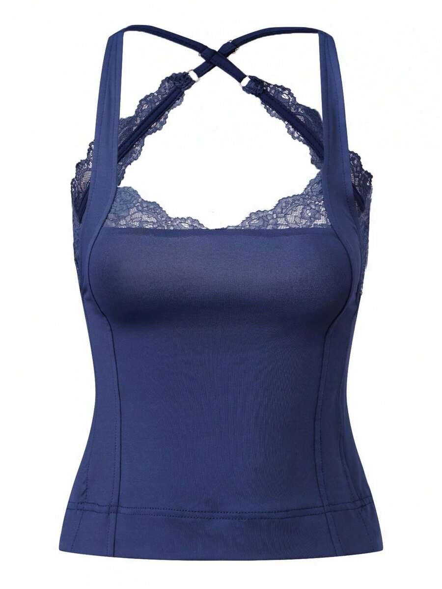 Women Halter Neck Tank Tops Sleeveless Lace Patchwork Summer Slim Fit Cropped Going Out Vest - Navy Blue - View 1