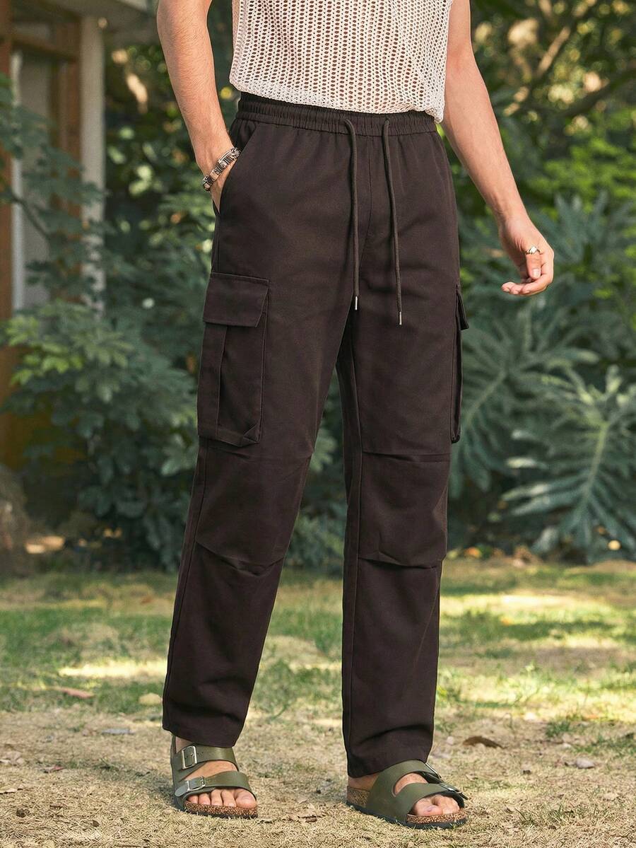 Open Phase 多口袋休闲时尚直筒工装美式风格裤,学院风工作裤,送给老公/男友的礼物,春秋夏季男士宽松版型,夏季度假穿搭 - 咖啡棕 - 查看 1