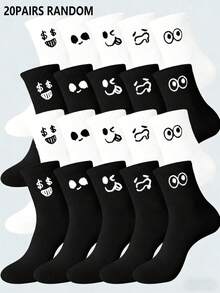 10双卡通图案男女通用情侣运动袜，中筒袜，春夏假日礼物，秋季 - 黑與白 - 查看 4