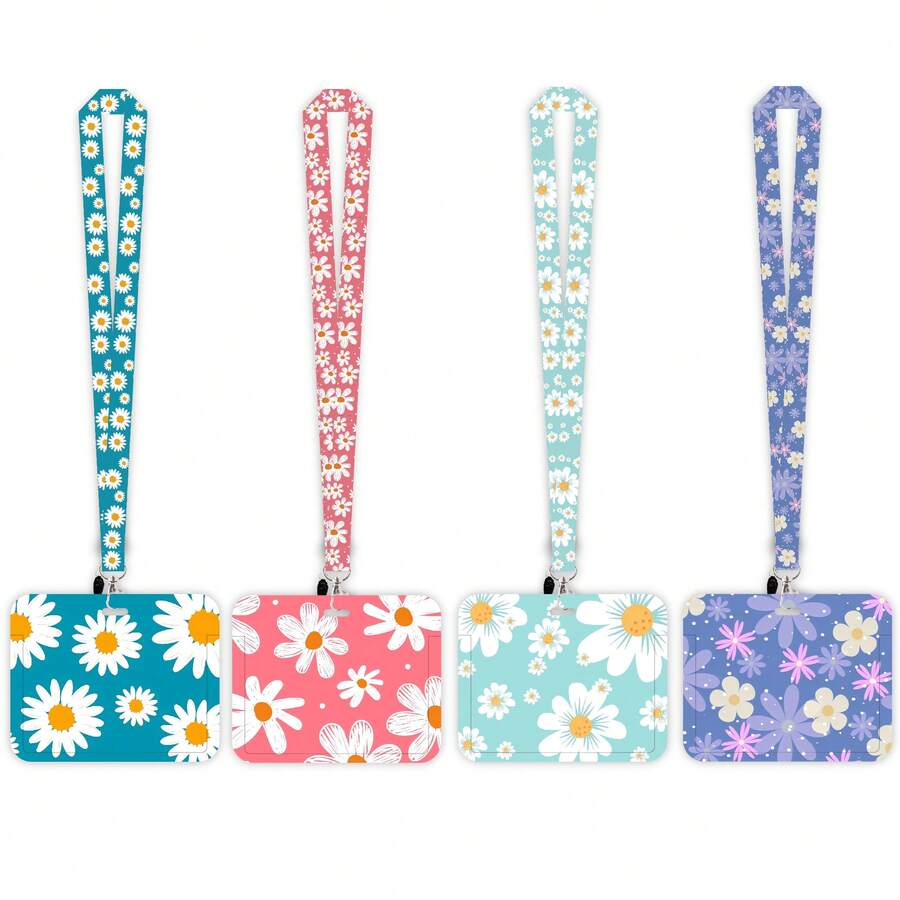 Tempat Kartu Identitas Geser dengan Motif Bunga Daisy Unik dan Tali Gantungan Warna-warni - Terbuat dari Plastik Tahan Lama, Praktis untuk Pelajar, Karyawan, dan Kartu Transportasi, Cocok untuk Penggunaan di Sekolah dan Kantor - Rectangle - View 1