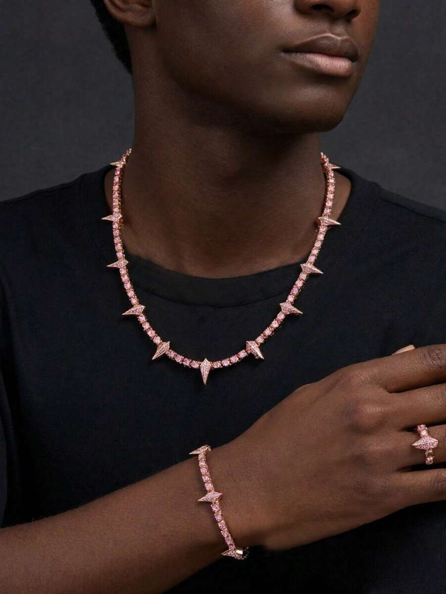 Bộ nhẫn choker đính đá vàng hồng hình gai nhọn và dây chuyền tennis đính đá. - Vòng cổ gai nhọn sáng bóng - Xem 1