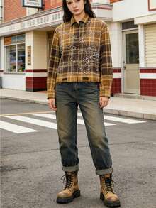 Men's Best-Selling Long-Sleeve Shirt: Full Crystal Rhinestone Embellishment - Unisex Streetwear, Hip-Hop & Rap Style Plaid Shirt - 黃色 - 查看 1