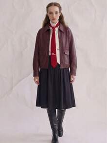 OUTTA BOX Veste décontractée style moto vintage en PU, printemps - Rouge foncé - Voir 4