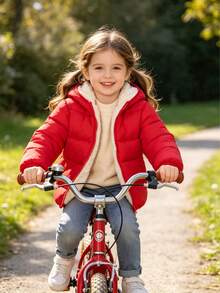 儿童抓绒耳朵装饰小熊连帽绗缝外套，保暖拉链羽绒服，适合冬季户外活动，男女童皆宜。口袋拉链装饰，修身短款休闲外套，窄胸设计，是寒冷天气里儿童必备的棉质羽绒服。经典简约的配色，更易搭配。请根据孩子的身高和胸围选择大一码的尺码。 - 紅色 - 查看 11