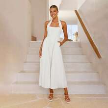 Women's 2026 New Elegant Solid Color Square Neck Waist-Cinching Halter Neck Backless Dress - White - View 2
