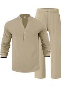 Men's Linen Casual 2 Piece Outfits Long Sleeve Lapel Shirt & Long Pants Set Loose Fit V Neck Tops Breathable Beach Vacation Daily Streetwear Arrival - 卡其色 - 查看 6