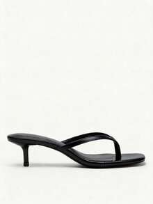 French Style Women's Summer New Toe-Post Thin Heel High Heel Sandals With Back Strap Kitten Heel Flip-Flop Slides - Black - View 3
