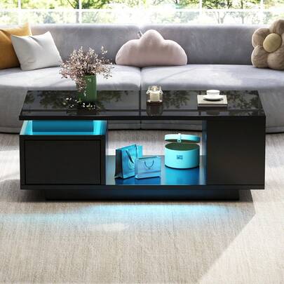 100*50*36cm Coffee Table With Drawer / High-Gloss Side Table / Sofa Table. A Living Room Table With Four Side Shelves And An Openwork Design In The Middle / Suitable For Apartments, Living Rooms And Office Areas.