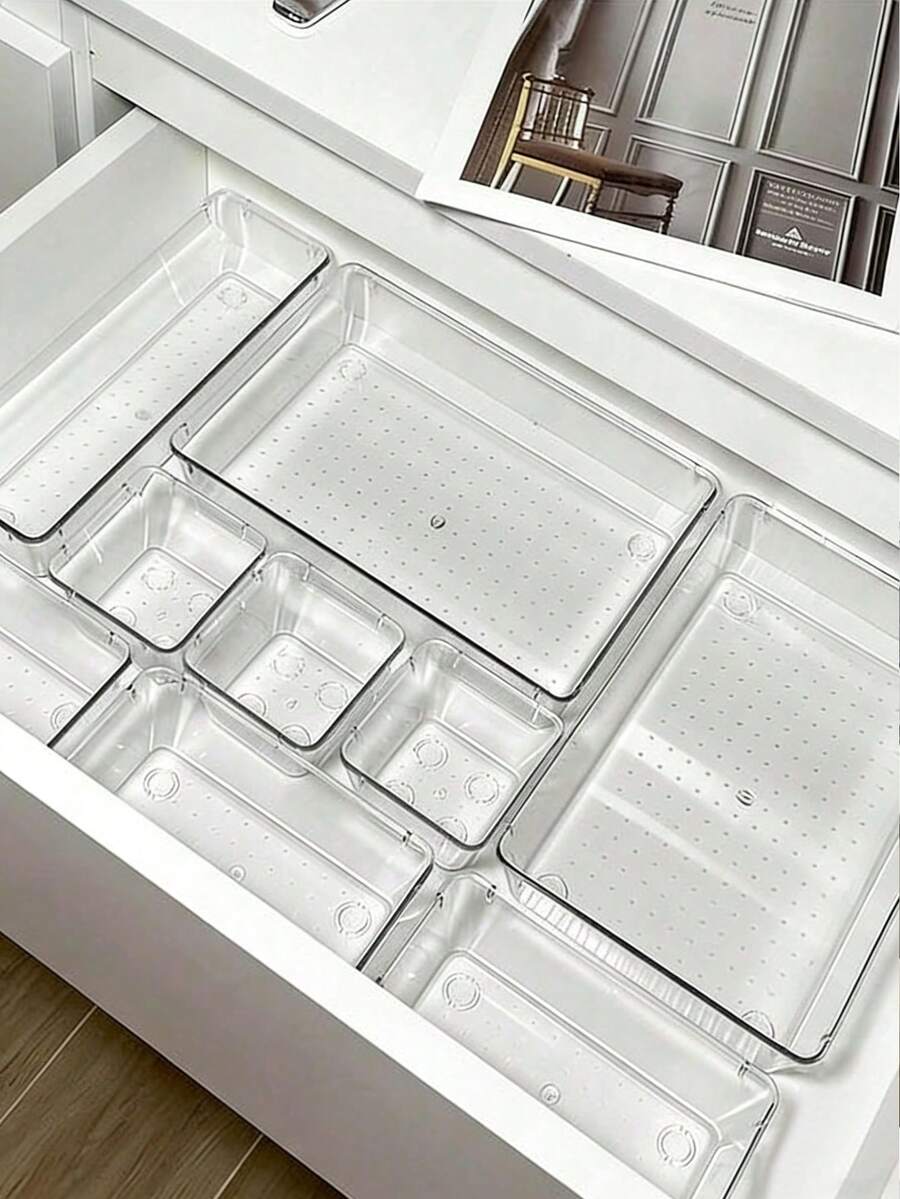 7/9/16/25pcs Transparent Plastic Drawer Storage Organizer Boxes Set, Suitable For Bathroom Cabinet, Kitchen, Office, Bedroom, School Supplies, Household Items, Multi-Purpose Storage Boxes For Cosmetics, Stationery, Miscellaneous - Clear - View 1