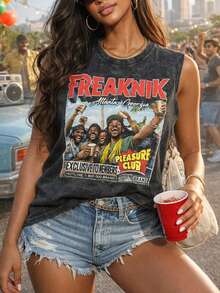 Men's Black Round-Neck T-Shirt Vest With "FREAKNIK Atlanta Georgia Vintage Party Scene Featuring Smiling Crowd Graphic Suitable For Outdoor Leisure Wear In Spring And Summer Basic Clothes - 黑色 - 查看 2