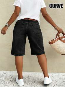 Mid-Rise Non-Stretch Retro Nostalgic Casual Women's Plus Size Denim Bermuda Shorts - Black - View 4