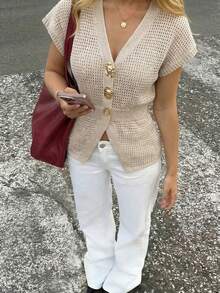 Áo len ngắn tay SEREN Xuân/Hè mới, màu mơ, cổ chữ V, thanh lịch, thích hợp mặc đi làm, hẹn hò, đi biển, áo nữ tinh tế, áo len cài nút, mặc hàng ngày, đồ đi biển cho nữ - Màu be - Xem 6