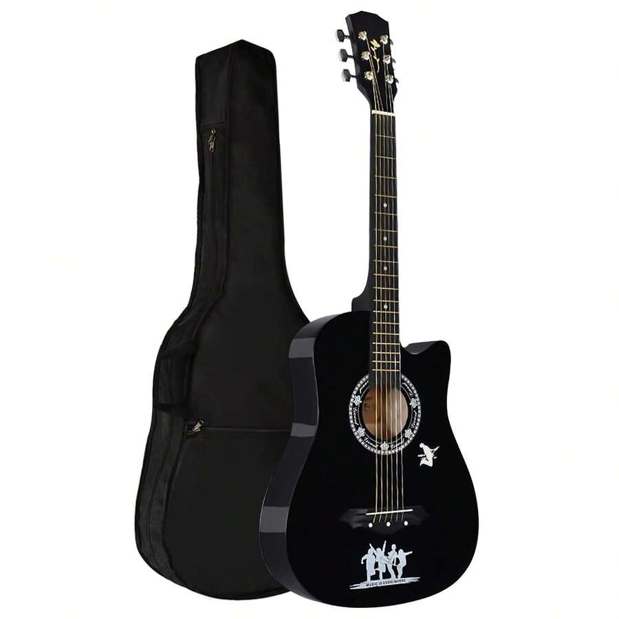 Crystals Full Size 4/4 Acoustic Guitar Set For Beginners With Carry Bag Strap Picks – 6 String Music Instrument Black - Black - View 1