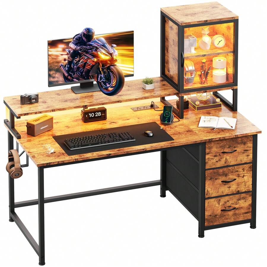 EnHomee 55"Gaming Desk Computer Desk With Power Outlets, Modern Desk Table Home Office Desk Vanity Table With Storage & Ergonomic Monitor Stand - View 1