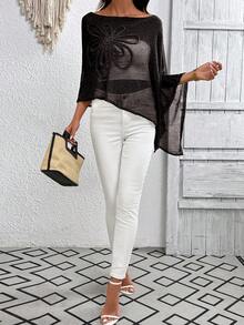 Plus Size Women Solid Color Asymmetric Design Poncho Style Knit Top - Black - View 4