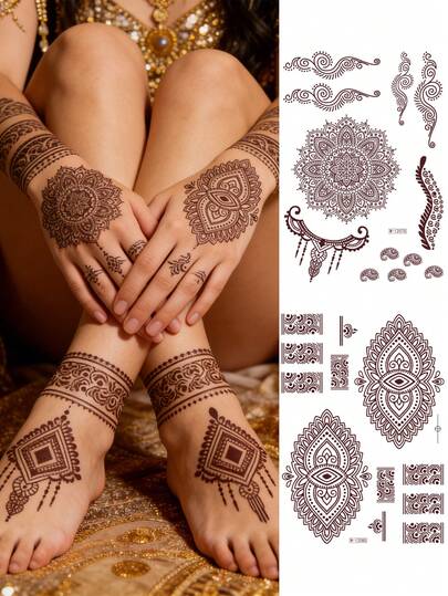 Bộ 2 tờ hình dán henna mehndi màu đỏ tía, hình xăm tạm thời không thấm nước, lâu trôi, họa tiết Mandala và mắt quỷ phong cách Boho mùa hè, dùng cho tay, cổ tay, ngực và cánh tay, dễ dán và bóc ra, dụng cụ xăm hình, dành cho phụ nữ và bé gái.