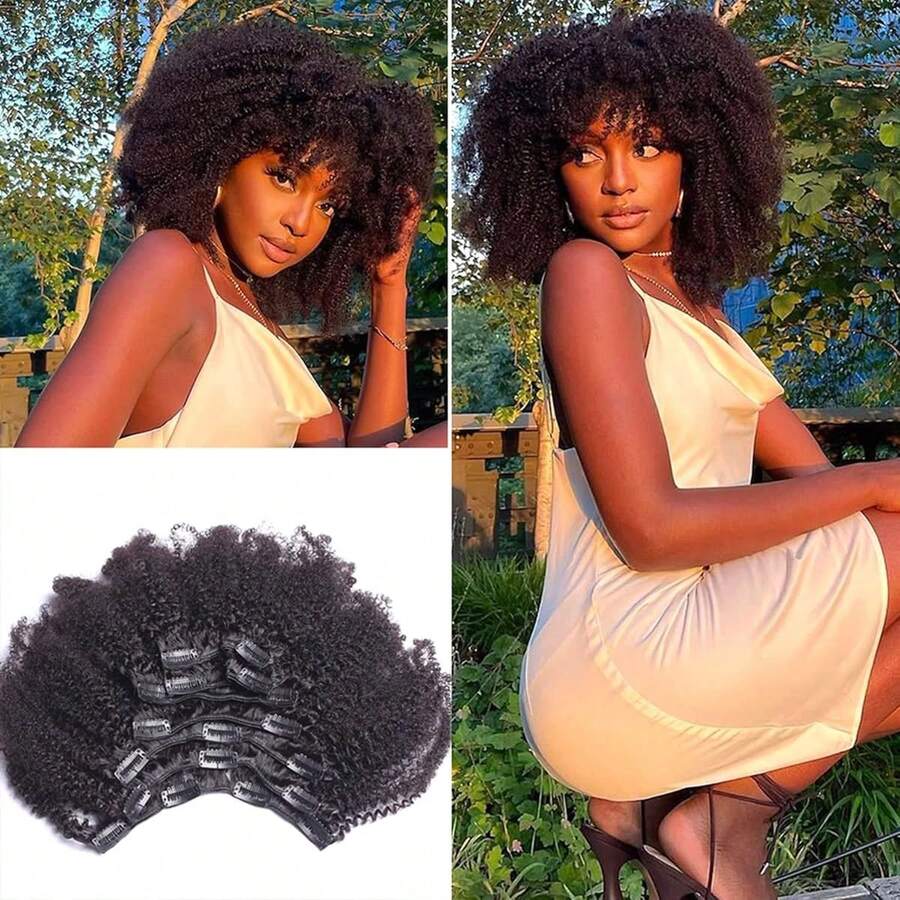 BINF Afro Kinky Curly Clip In Hair Extensions Real Human Hair 8Pcs With 18 Clips 120g/Set 10A Brazilian Remy HairFor Women Natural Color For Women - Natural Black - View 1