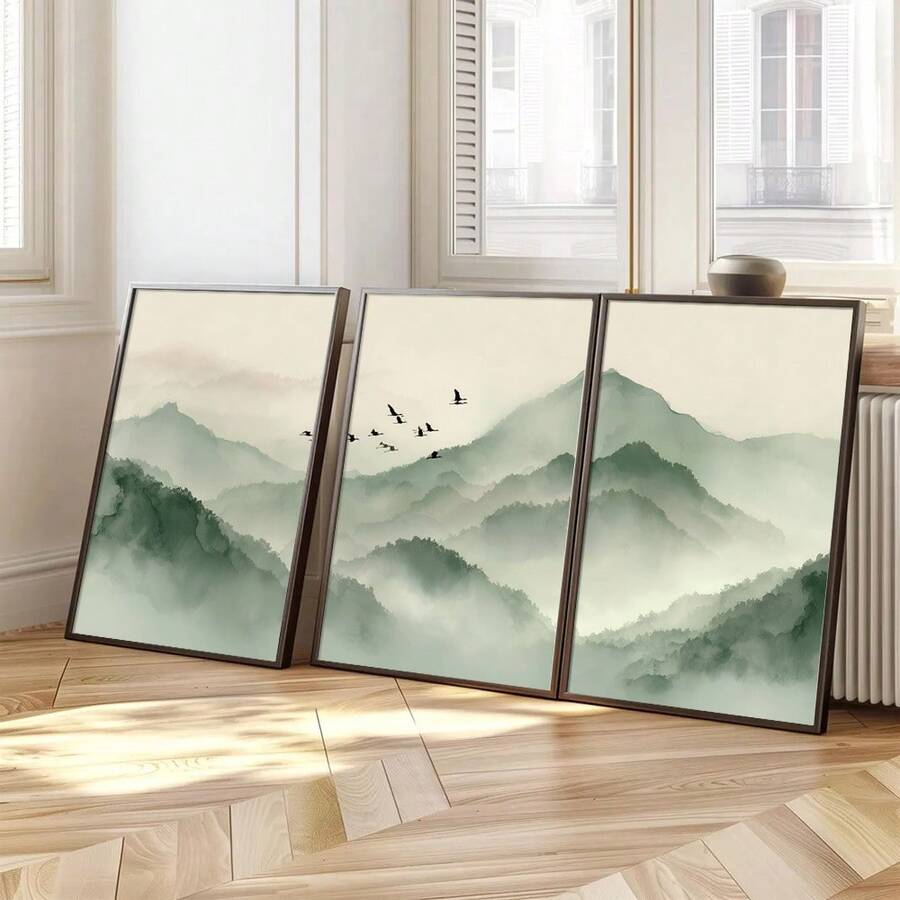 1/3件套 带框/不带框 绿山飞鹤 帆布海报 日本抽象风景墙画 侘寂装饰 复古画 适用于客厅、卧室、现代家居装饰 - Poster - 查看 1