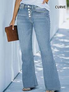 新款热销欧美街头风多扣休闲大码女式喇叭牛仔裤，春季款 - 淺色水洗藍 - 查看 3