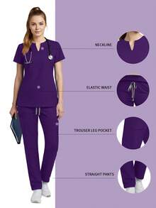 2pcs/Set Seragam Perawat Wanita, Atasan + Celana dengan Saku, Pakaian Kerja Ruang Bedah Perawat, Pakaian Kerja Salon Kecantikan Musim Semi - Purple - View 2