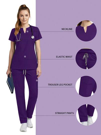 2pcs/Set Women Nurse Uniform Set, Top + Pants With Pockets, Nursing Surgical Room Work Clothes, Beauty Salon Workwear