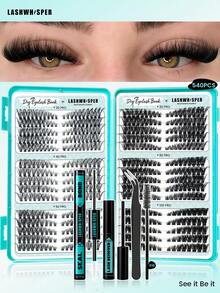 DIY Eyelash Extension Kit, 30-100D Fluffy Cluster False Eyelashes, Create Natural Lightweight Makeup Effect, Length 9-16mm, D Curl, Double-Ended Adhesive And Sealing Liquid, Remover, Tweezers And Eyelash Comb - Baby Blue - View 2