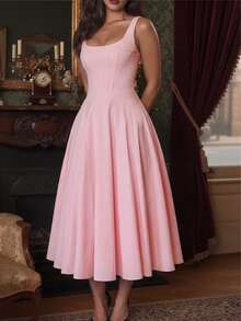 Women's Solid Color Woven Bowknot Sexy Elegant Retro Vacation Dress Pink, Aesthetic - Pink - View 3