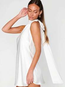 Women's Halter Neck Satin Mini Dress Sleeveless Backless Ruched Slim High Neck Solid Color Bodycon Short Dresses Evening Party Dress Wedding Guest Dresses Formal Dress - 白色 - 查看 9