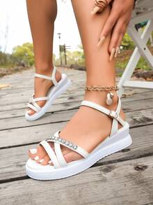 新款时尚黑色蝴蝶花朵女士厚底凉鞋 - 白色 - 查看 6