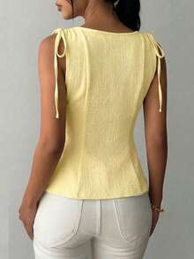 1pc Solid Color Knit Fabric Ruffle Trim Casual Top, Summer - Light Yellow - View 2