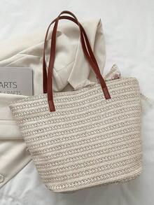 Túi tote lớn đan bằng rơm dành cho nữ, túi du lịch biển thời trang, túi đeo vai rộng rãi đa năng kèm khăn quàng cổ. - Màu be - Xem 9