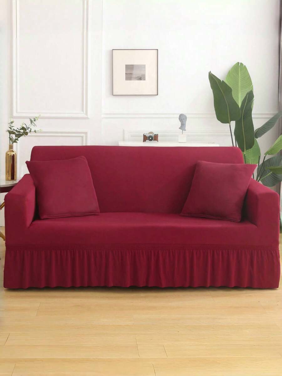 1pc Sofa Cover, Stretch Solid Color Polyester Fiber Slipcover, Suitable For All Seasons, Minimalist Design - Red - View 1