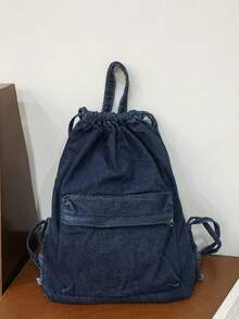 1 chiếc balo denim màu xanh đậm, dây rút, dung tích lớn, nhiều ngăn, khóa kéo, kiểu dáng thường ngày dành cho nam giới và đi làm. - Nhiều màu - Xem 8