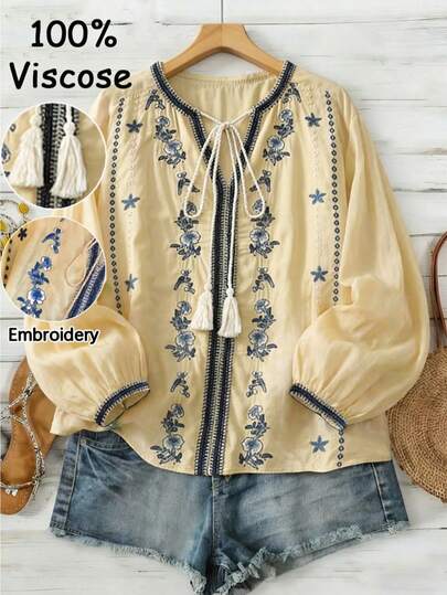春夏新款刺绣系带流苏七分袖衬衫，艺术复古波西米亚风百搭舒适轻盈优雅上衣，适合情人节约会、下午茶聚会、乡村音乐节等场合。