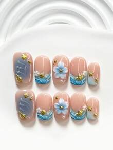 Bộ dụng cụ làm móng tay thủ công kiểu Pháp nhẹ nhàng 10 món, bao gồm bộ dụng cụ làm móng Polygel, họa tiết hoa 5 cánh chuyển màu, vỏ sò vàng, sò điệp, sao biển, hoa trà trắng, nghệ thuật vẽ sóng nước màu trơn, thiết kế dập móng chuyển màu xanh dương, sơn móng tay màu xanh dương. - Nhiều màu - Xem 13