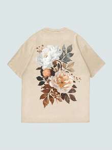 男士东方绘画花卉印花休闲圆领短袖上衣 - 杏色 - 查看 3