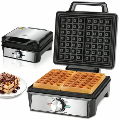 Aigostar Waffeleisen für 2 belgische Waffeln, 1600W, Antihaftbeschichtung, 20,2x17,2x2 cm, Waffelautomat mit einstellbarer Temperatur, LED-Anzeige, kompaktes Edelstahl-Design