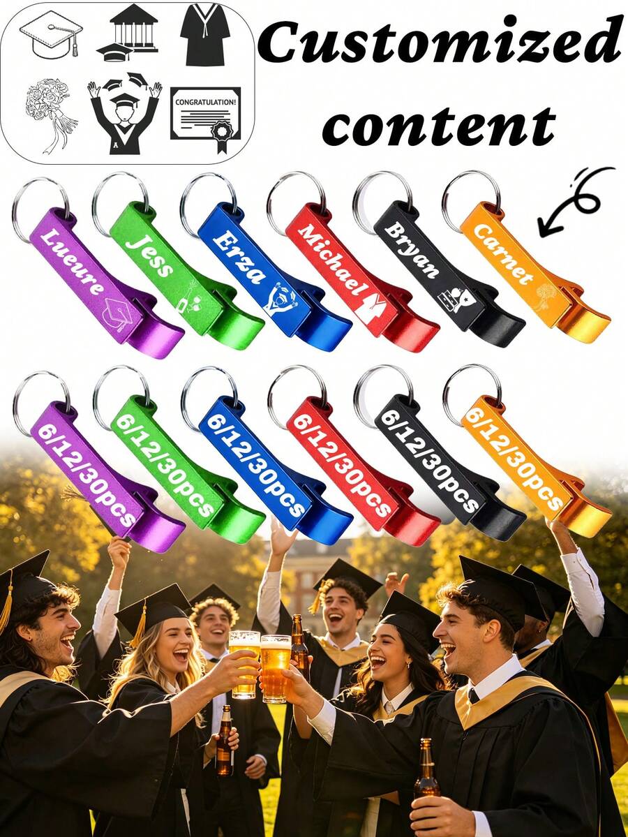 Bộ 6/12/30 móc khóa mở nắp chai bia tùy chỉnh, quà tặng sáng tạo số lượng lớn, móc khóa mở nắp chai bia in logo cá nhân, móc khóa chữ tùy chỉnh, dụng cụ mở nắp chai bia, thích hợp cho lễ tốt nghiệp, mùa tốt nghiệp, tiệc sinh nhật, họp lớp và các dịp khác. - Nhiều màu - Xem 1