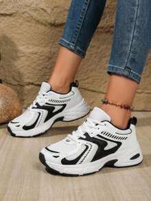 American Retro Contrast Color Running Shoes, Mesh Breathable, Thick Bottom Cushioning, Campus, Street, Daily Wear Template, Running Shoes To Grasp The Relaxation Feeling, 5cm High Casual Shoes - 黑色升級款 - 查看 3