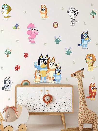  Bluey主题畅销卧室、客厅和浴室装饰自粘墙贴，采用PVC材质，印有可爱的卡通和动漫狗狗图案。