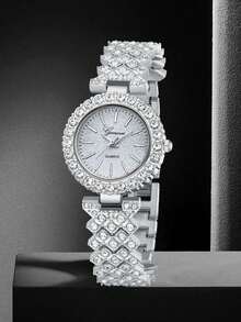 2 Pieces/Set, Women's Fashionable And Casual Quartz Watch, Round Luxury All Diamond Watch, Paired With Diamond Inlaid Bracelet Jewelry Combination Set, Suitable For Daily Wear, Festivals And Party Occasions, Is The Best Gift For Women. - Silver - View 3