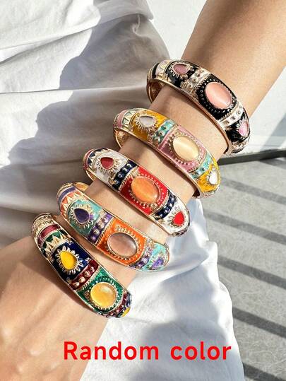 10/7/5/3/1pc Random Color & Style Vintage Luxury Elegant Enamel Drip Oil Colorful Resin Cat Eye Stone Metal Bangle