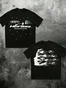 Double-Sided Digital Flame Face Printed T-Shirt With "" Motif Breathable T-Shirt |   Avant-Garde Casual Wear 1Pcs Casual Soft Short Sleeve Pure 100% Cotton 220gsm ETLF - 黑色 3 - 查看 12