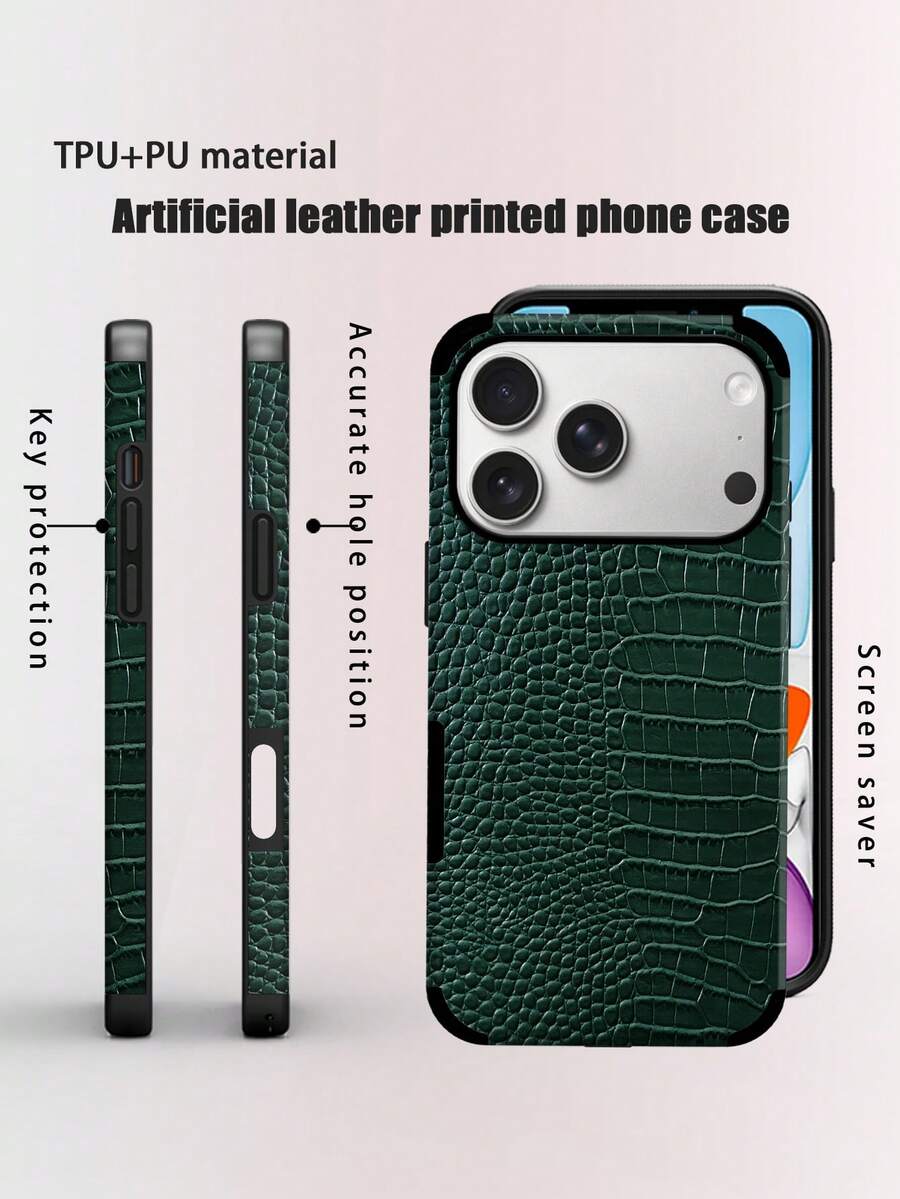 Crocodile Pattern 1pc Black Crocodile Leather Texture Shockproof Phone Case With Rotating Sound Design, Compatible With Iphone 17/16/15/14/13/12/11/XR/7P/8P/XS Max/X/XS, Galaxy - Dark Green - View 1