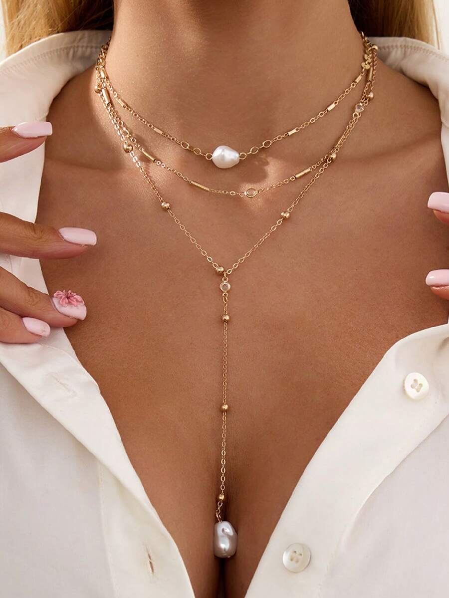 Mặt dây chuyền ngọc trai giả phong cách Baroque cổ điển - Phụ kiện vòng cổ bằng kim loại mỏng thời trang. - Nhiều màu - Xem 1