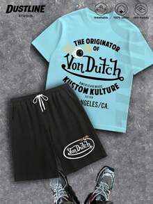 Handmade With Love Men's Creative T-Shirt And Shorts Set, American Vintage Full Print Street Wear Essential T-Shirt Set For Men, Graphic T-Shirt And Shorts Set, Vons Dutchs Motorcycle Print, Melrose Ave, Sa Cal, Breathable 100 Cotton, Skin Friendly, Casual Outfit For Summer And Everyday Wear, Summer Outfits For Women, Vacation Outfits For Women, Summer Clothes For Women, Summer - Light Blue - 查看 7