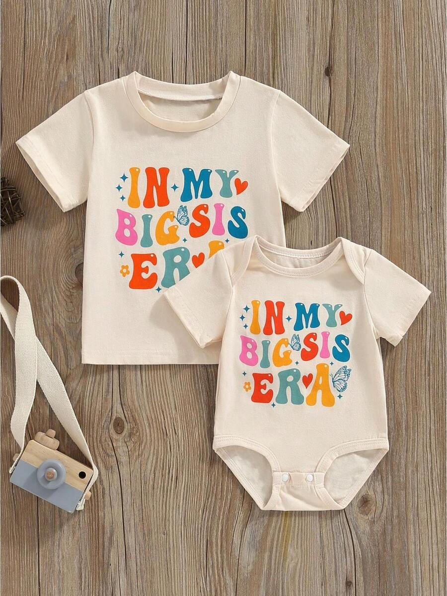 Conjuntos a juego para hermanas hermana mayor y hermana menor para niñas, ropa de verano: mono/camiseta de manga corta con estampado de letras. - Beis - Ver 1