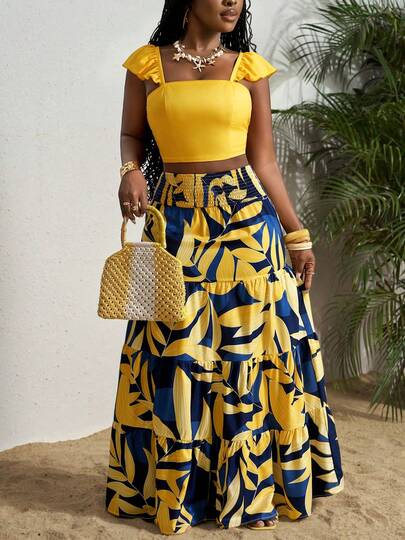 大码女式黄色荷叶边吊带背心+热带印花长裙两件套，夏季波西米亚海滩度假装，层叠褶皱后背长裙
