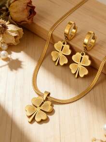 1 Set de Collar con Colgante de Trébol y Aretes de Acero Inoxidable, Diseño Minimalista de Moda, Adecuado para Citas, Reuniones o Uso Diario de Mujeres - Amarillo Oro - Ver 8